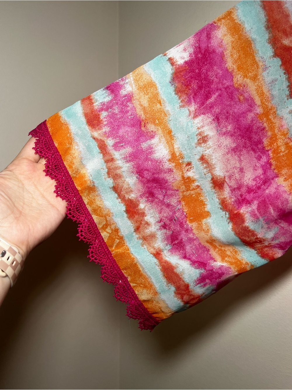 LuLaRoe Pink, Orangey & Light Blue Watercolor Striped Bohemian Overlay - Picture 2 of 6